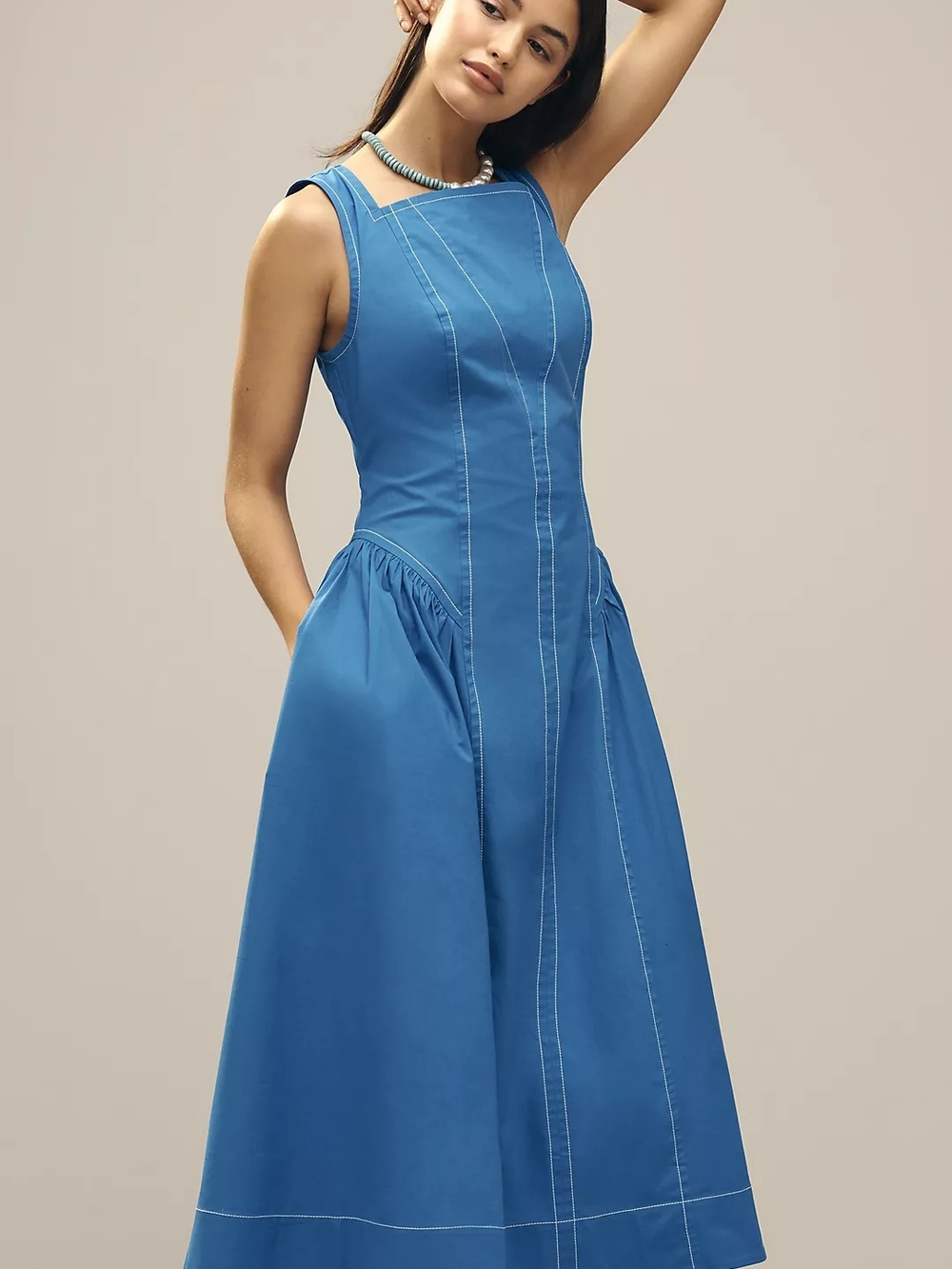 Anthropologie Sleeveless Blue Maxi Dress with Contrast Topstitching